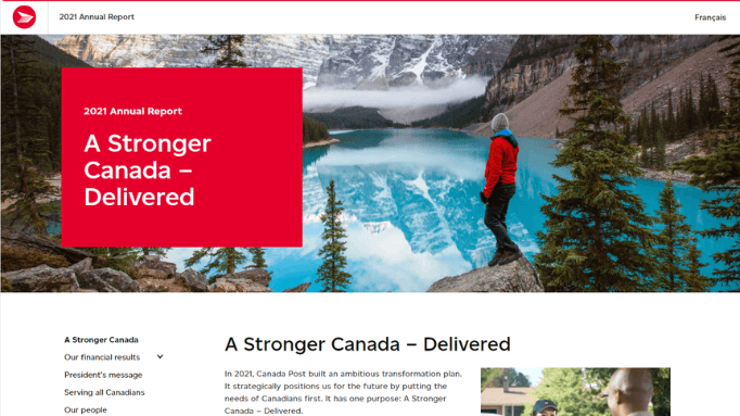 Screenshot of Canada Post Annual Report 2021 - A Stronger Canada microsite