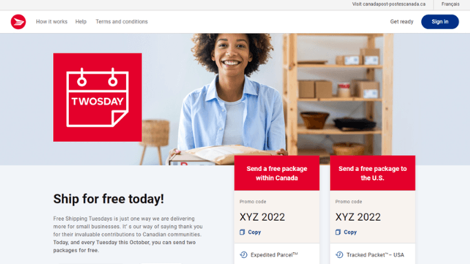 Screenshot of Canada Post Free Shipping Tuesdays Marketing Campaign